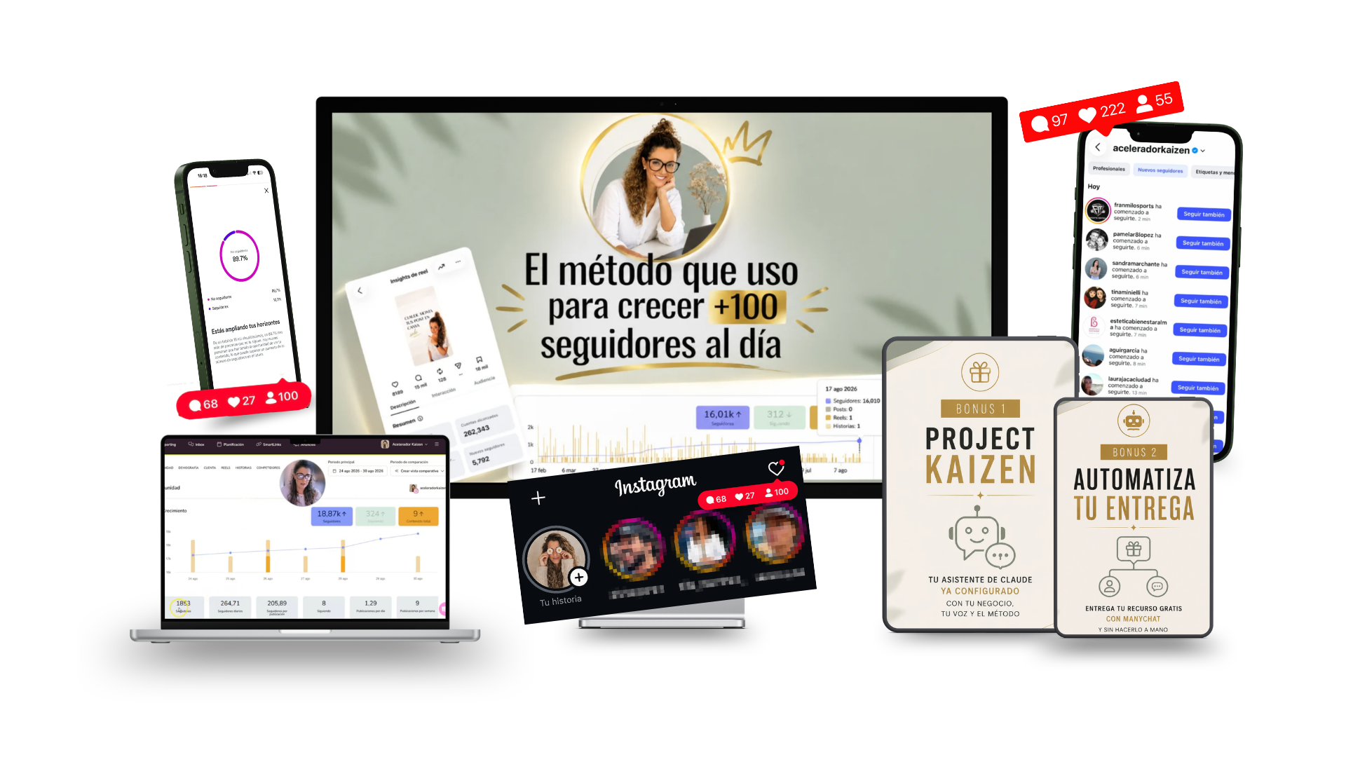 Mockup del curso Crecimiento Imparable: insights de Instagram, Project Kaizen y bonus de automatización